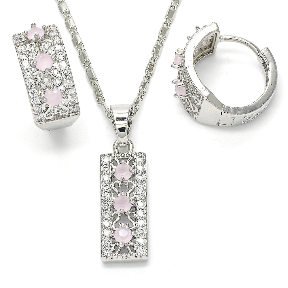 Rhodium Gold Filled Earring and Pendant Adult Set, with Pink and White Cubic Zirconia, Polished, Rhodium Finish
