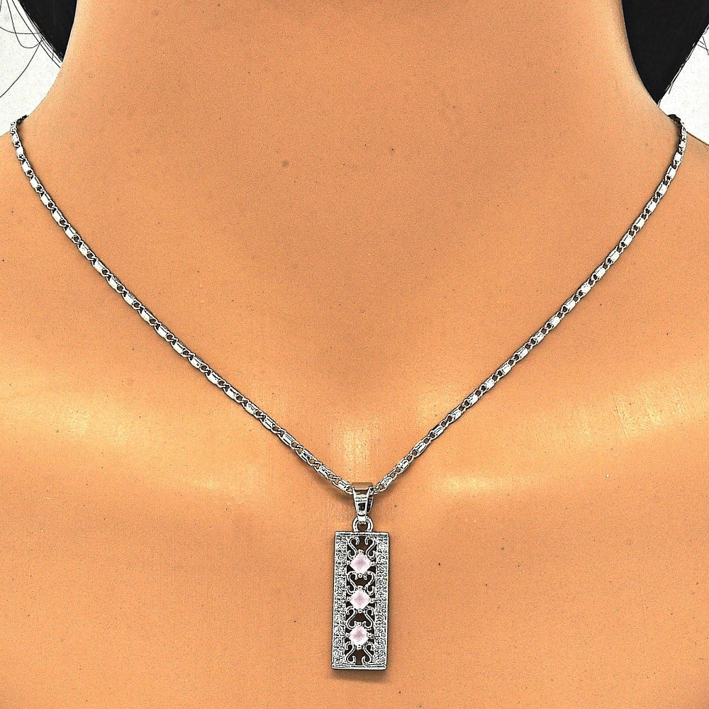 Rhodium Gold Filled Earring and Pendant Adult Set, with Pink and White Cubic Zirconia, Polished, Rhodium Finish
