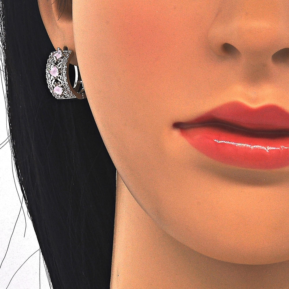 Rhodium Gold Filled Earring and Pendant Adult Set, with Pink and White Cubic Zirconia, Polished, Rhodium Finish
