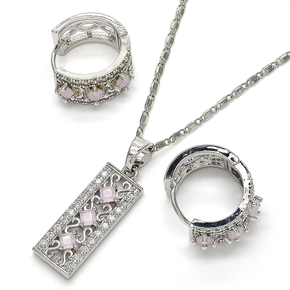 Rhodium Gold Filled Earring and Pendant Adult Set, with Pink and White Cubic Zirconia, Polished, Rhodium Finish