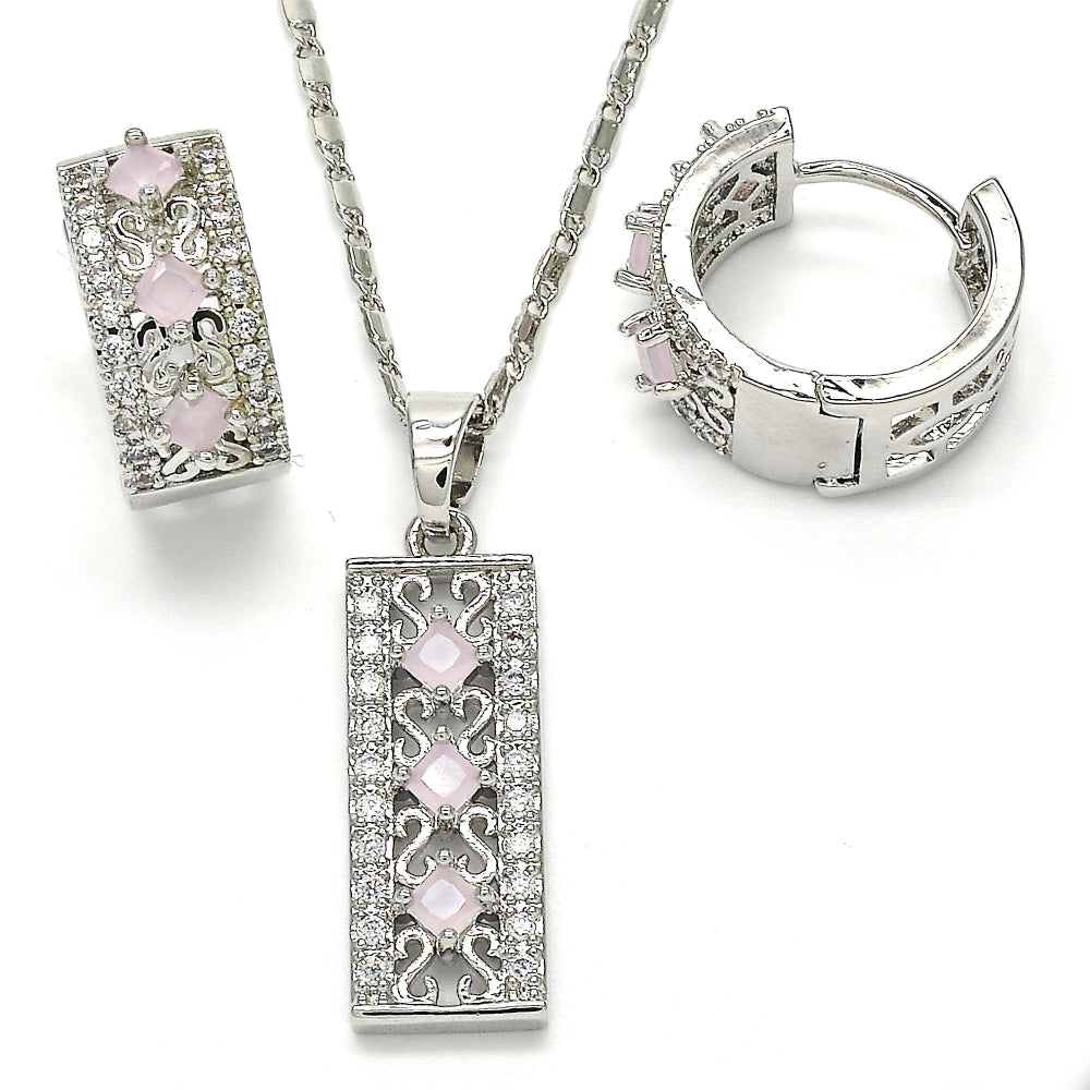 Rhodium Gold Filled Earring and Pendant Adult Set, with Pink and White Cubic Zirconia, Polished, Rhodium Finish