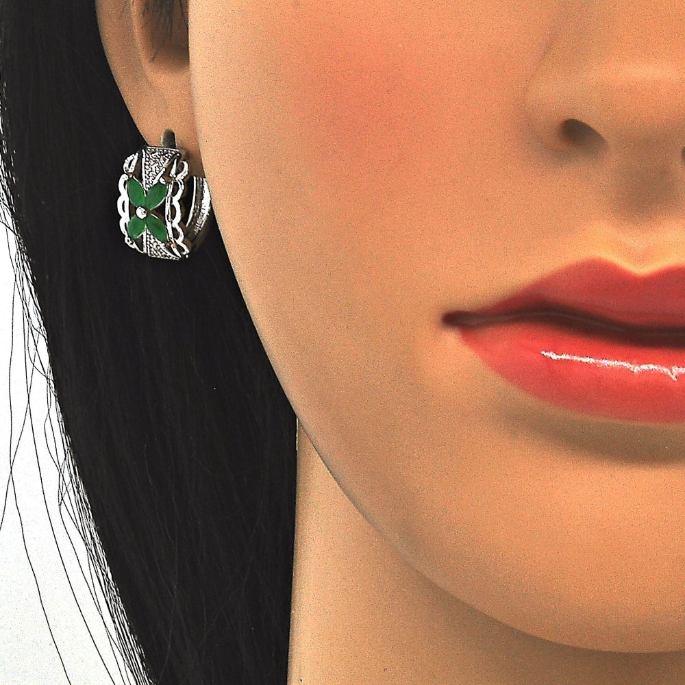 Rhodium Gold Filled Earring and Pendant Adult Set, Flower Design, with Green and White Cubic Zirconia, Polished, Rhodium Finish