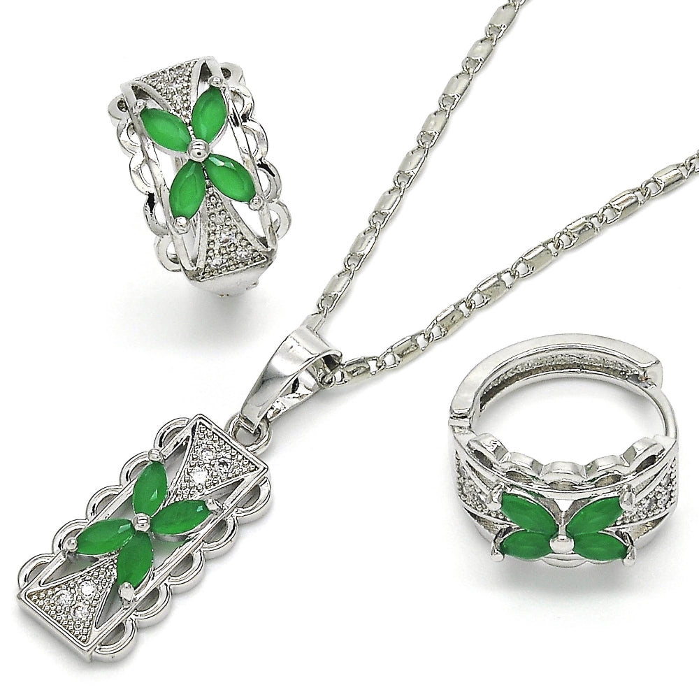 Rhodium Gold Filled Earring and Pendant Adult Set, Flower Design, with Green and White Cubic Zirconia, Polished, Rhodium Finish