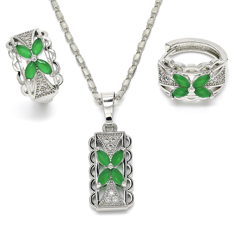Rhodium Gold Filled Earring and Pendant Adult Set, Flower Design, with Green and White Cubic Zirconia, Polished, Rhodium Finish
