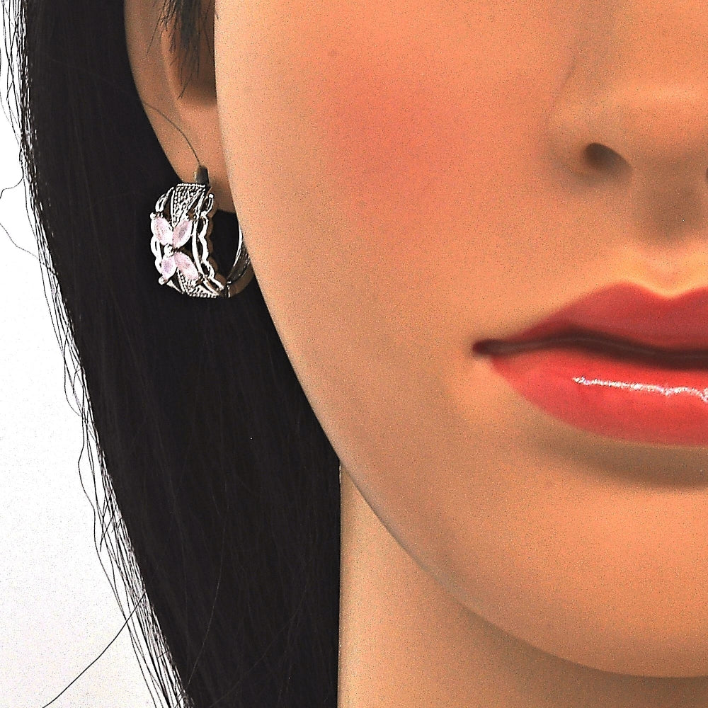 Rhodium Gold Filled Earring and Pendant Adult Set, Flower Design, with Pink and White Cubic Zirconia, Polished, Rhodium Finish