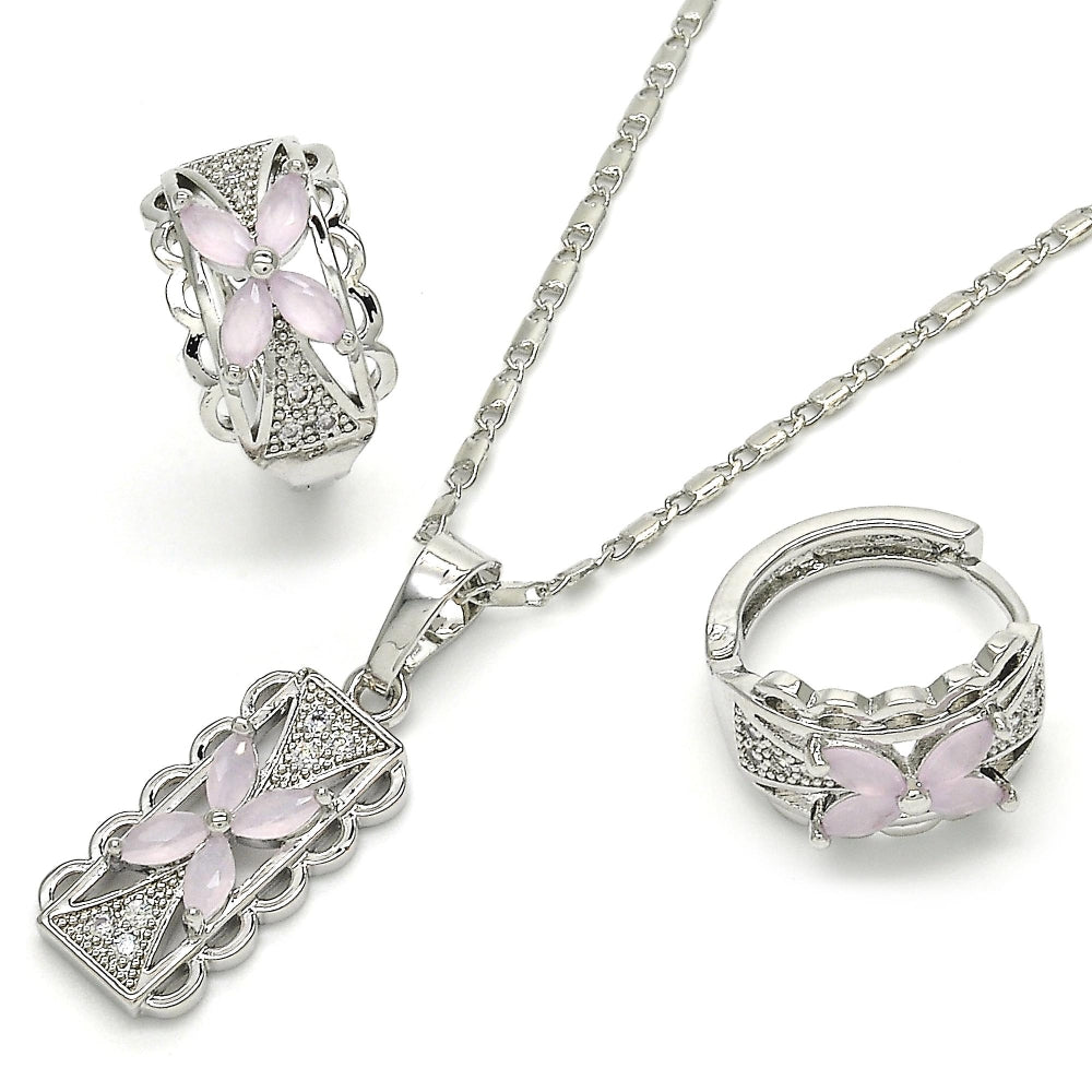 Rhodium Gold Filled Earring and Pendant Adult Set, Flower Design, with Pink and White Cubic Zirconia, Polished, Rhodium Finish