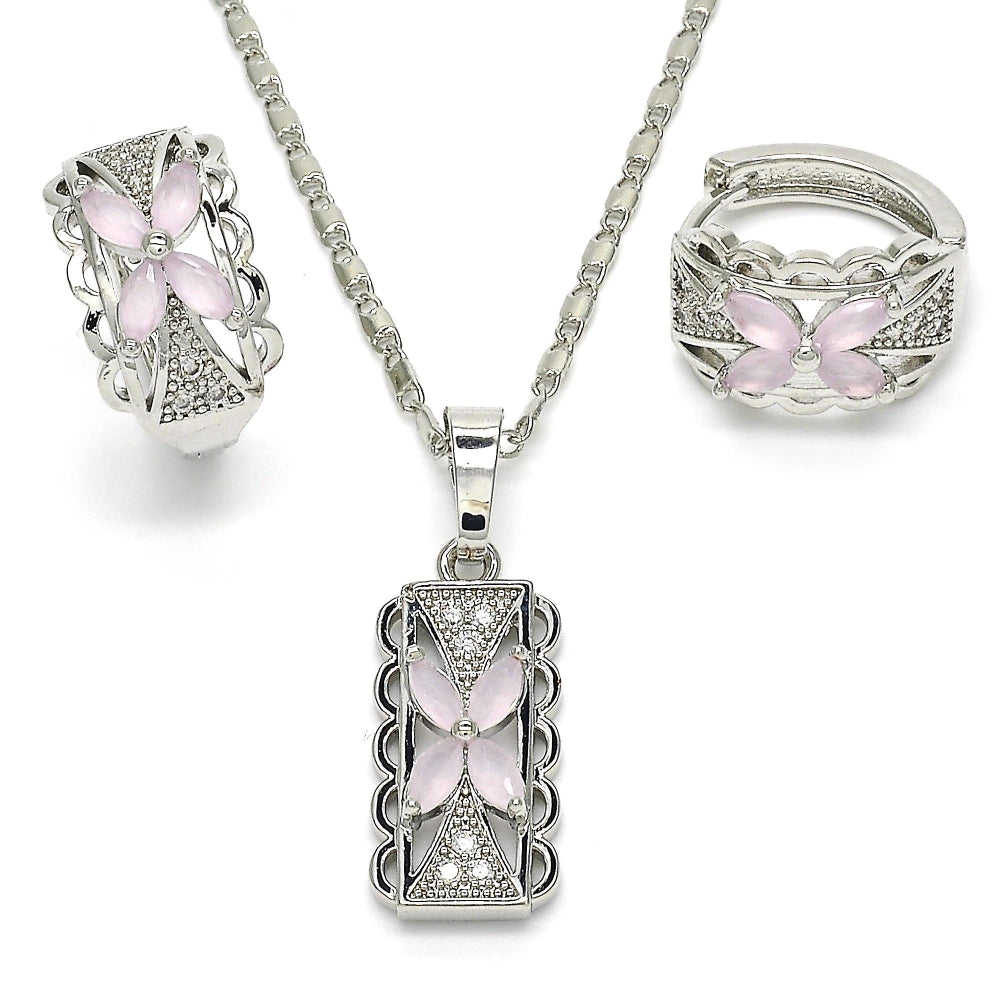 Rhodium Gold Filled Earring and Pendant Adult Set, Flower Design, with Pink and White Cubic Zirconia, Polished, Rhodium Finish