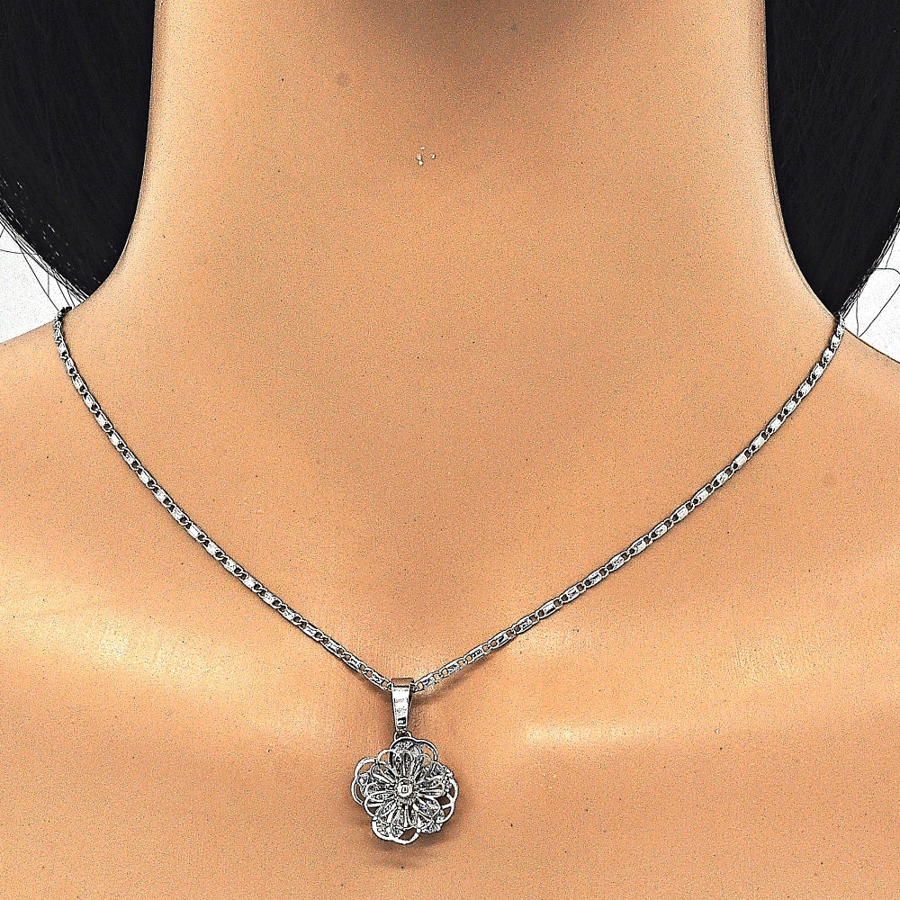 Rhodium Gold Filled Earring and Pendant Adult Set, Flower Design, with White Cubic Zirconia, Polished, Rhodium Finish