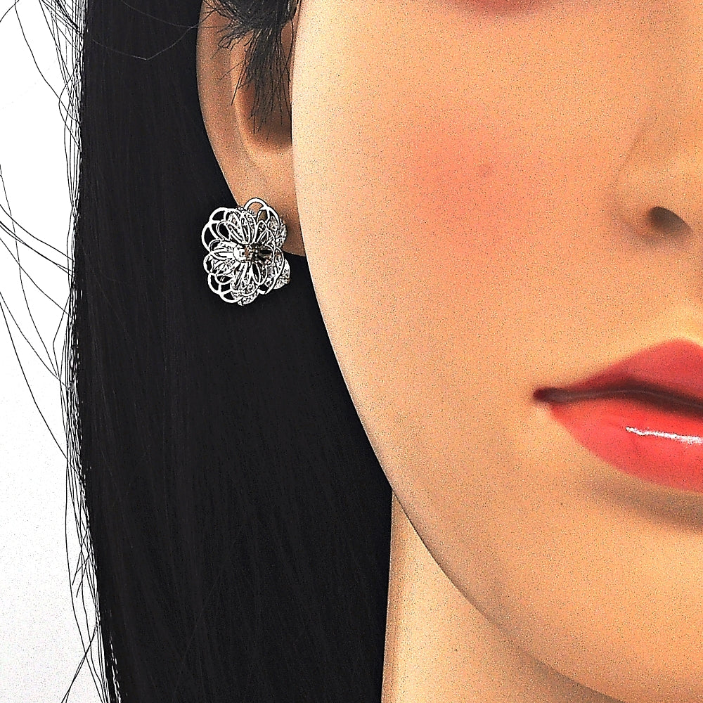 Rhodium Gold Filled Earring and Pendant Adult Set, Flower Design, with White Cubic Zirconia, Polished, Rhodium Finish