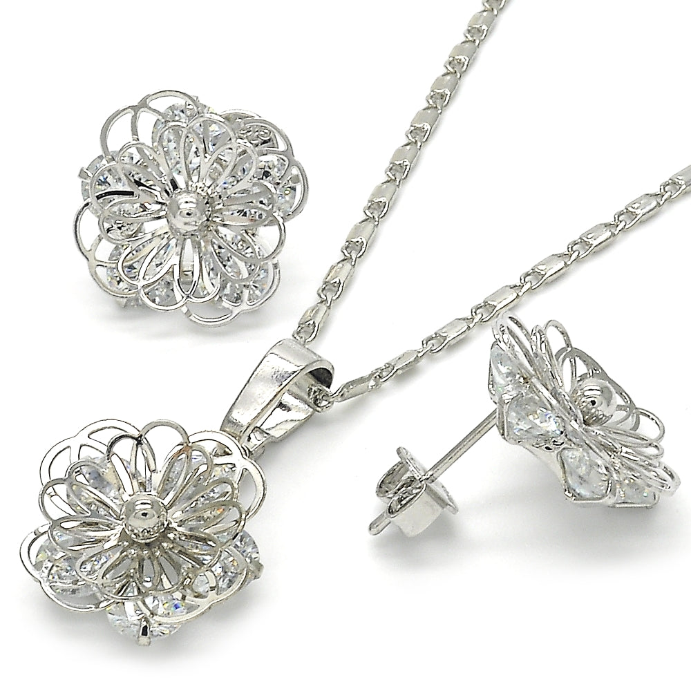Rhodium Gold Filled Earring and Pendant Adult Set, Flower Design, with White Cubic Zirconia, Polished, Rhodium Finish