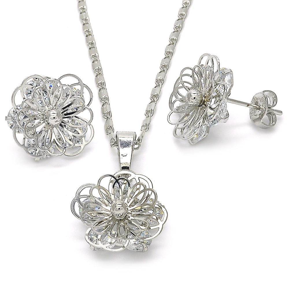 Rhodium Gold Filled Earring and Pendant Adult Set, Flower Design, with White Cubic Zirconia, Polished, Rhodium Finish