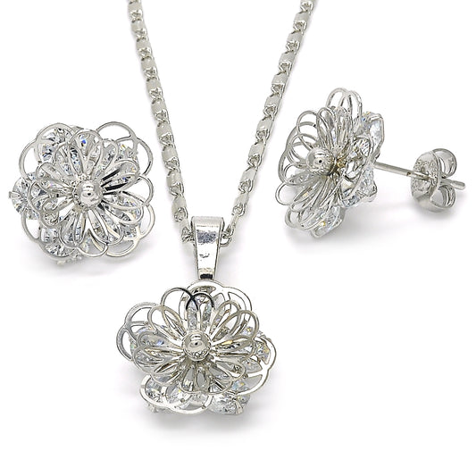 Rhodium Gold Filled Earring and Pendant Adult Set, Flower Design, with White Cubic Zirconia, Polished, Rhodium Finish