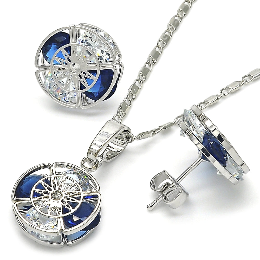 Rhodium Gold Filled Earring and Pendant Adult Set, with Sapphire Blue and White Cubic Zirconia, Polished, Rhodium Finish