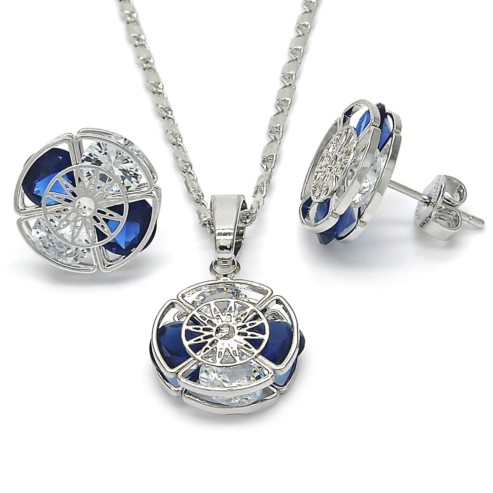 Rhodium Gold Filled Earring and Pendant Adult Set, with Sapphire Blue and White Cubic Zirconia, Polished, Rhodium Finish