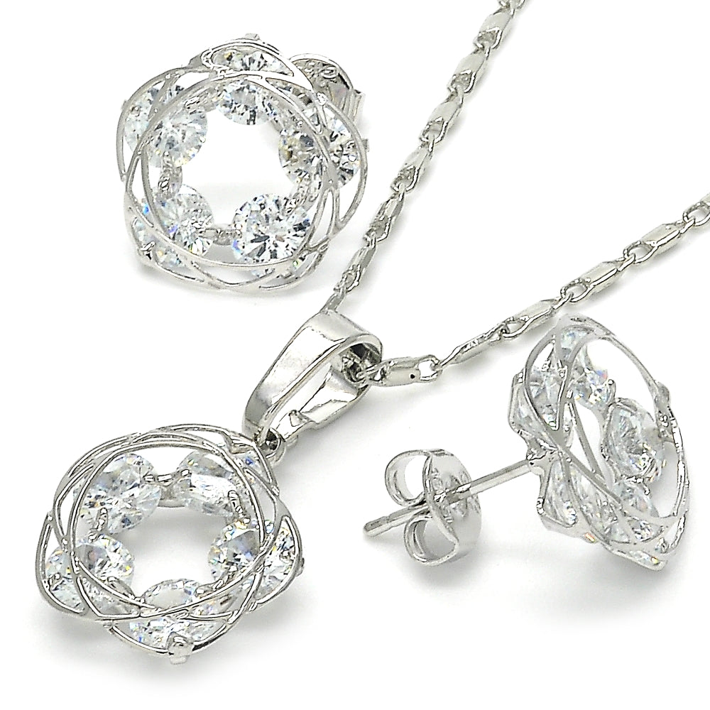 Rhodium Gold Filled Earring and Pendant Adult Set, with White Cubic Zirconia, Polished, Rhodium Finish