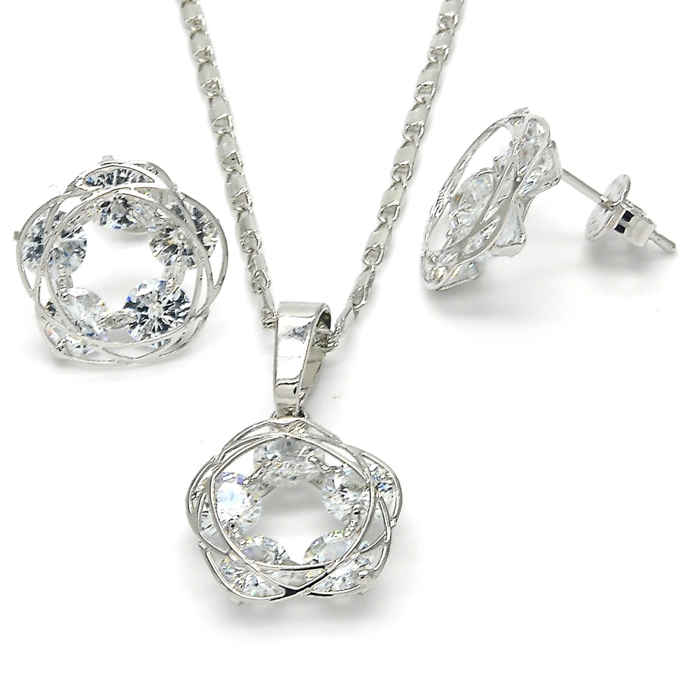 Rhodium Gold Filled Earring and Pendant Adult Set, with White Cubic Zirconia, Polished, Rhodium Finish