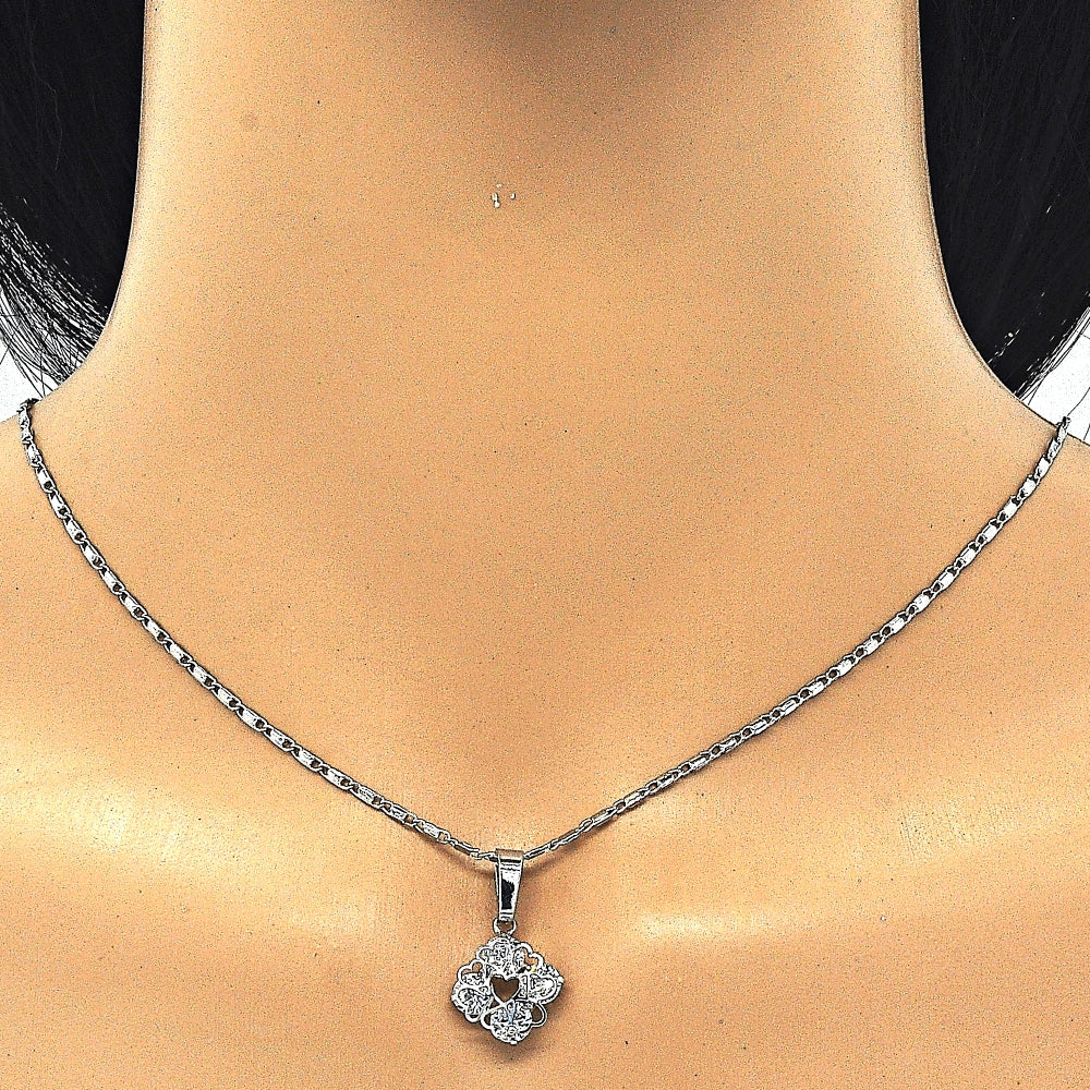 Rhodium Gold Filled Earring and Pendant Adult Set, Heart Design, with White Cubic Zirconia, Polished, Rhodium Finish