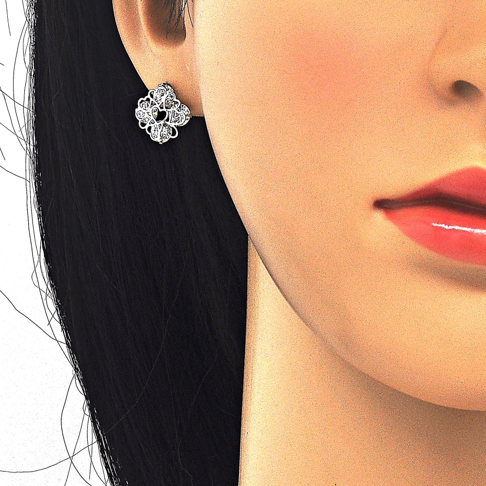 Rhodium Gold Filled Earring and Pendant Adult Set, Heart Design, with White Cubic Zirconia, Polished, Rhodium Finish