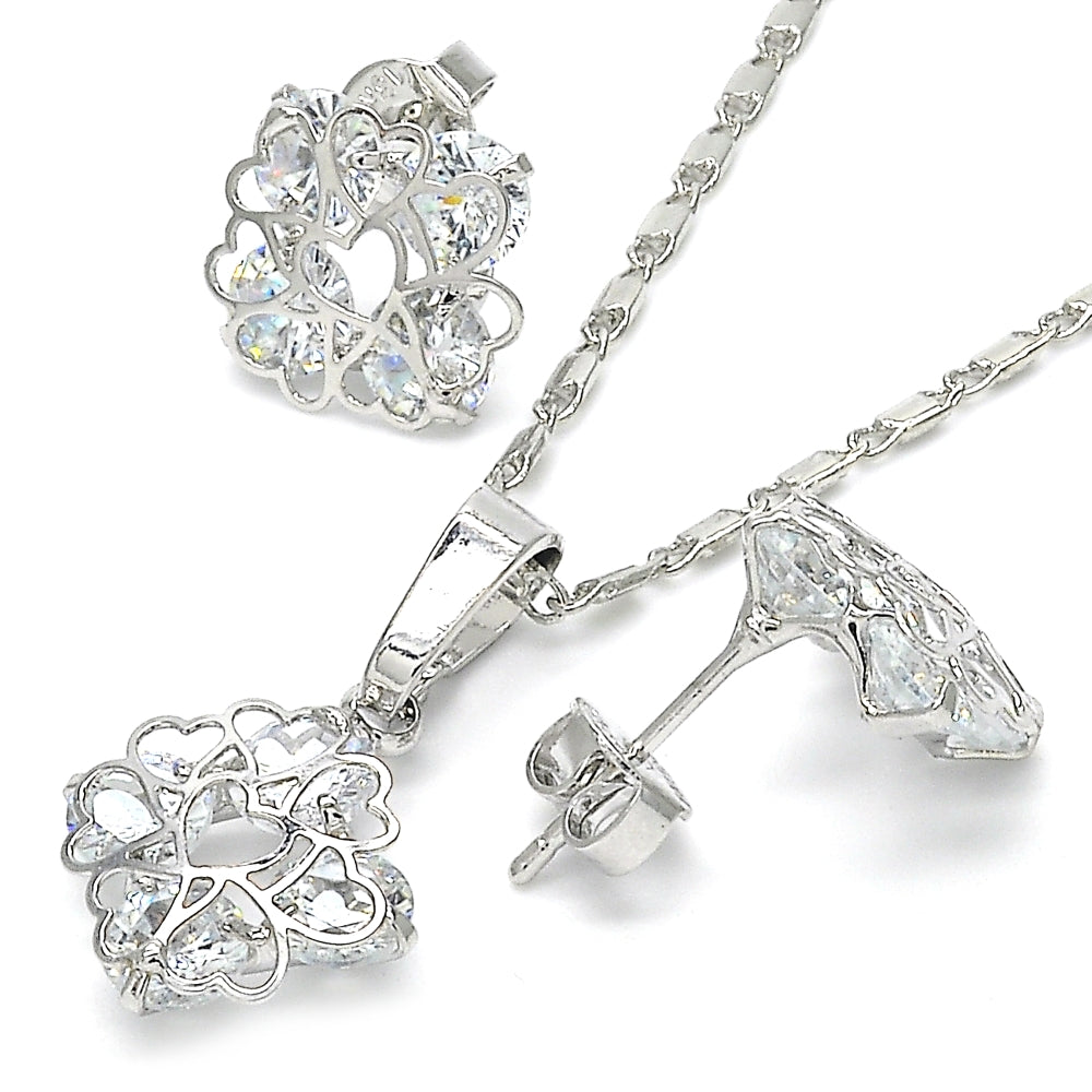 Rhodium Gold Filled Earring and Pendant Adult Set, Heart Design, with White Cubic Zirconia, Polished, Rhodium Finish