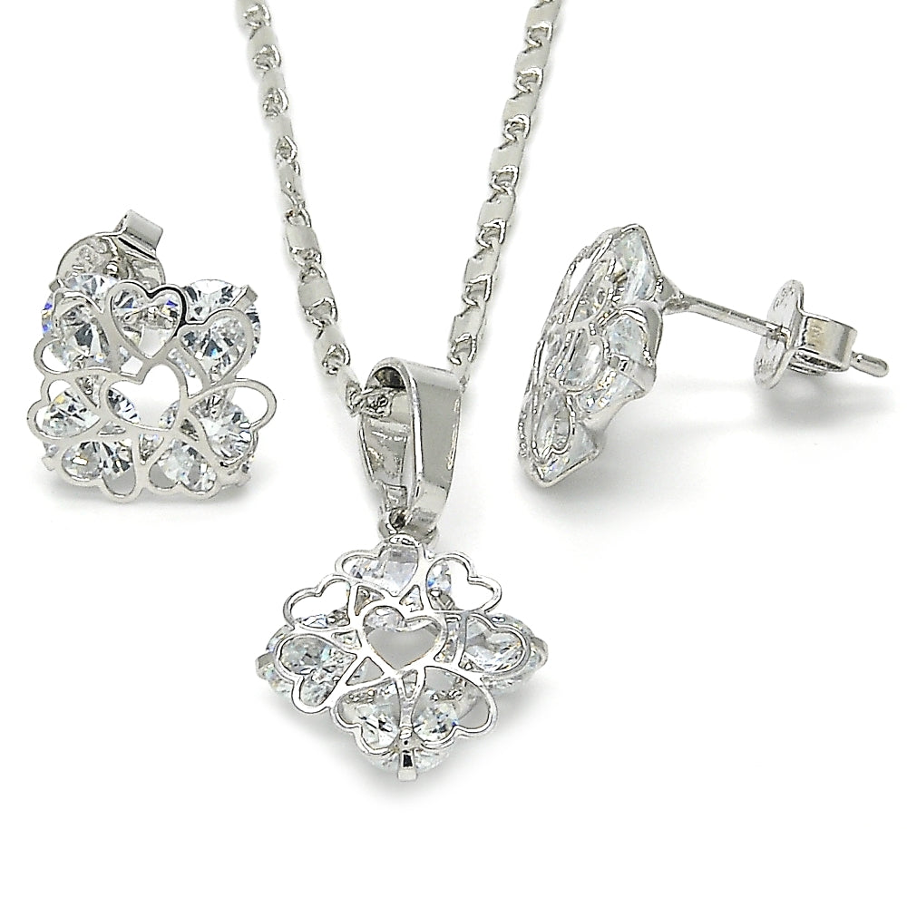 Rhodium Gold Filled Earring and Pendant Adult Set, Heart Design, with White Cubic Zirconia, Polished, Rhodium Finish