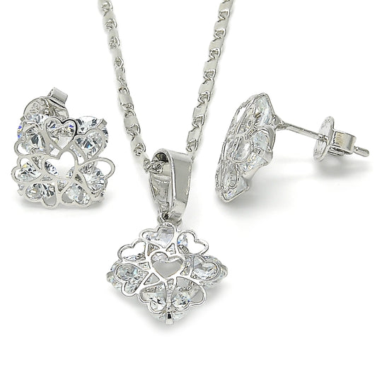 Rhodium Gold Filled Earring and Pendant Adult Set, Heart Design, with White Cubic Zirconia, Polished, Rhodium Finish