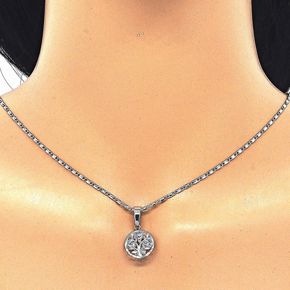 Rhodium Gold Filled Earring and Pendant Adult Set, Tree Design, with White Cubic Zirconia, Polished, Rhodium Finish
