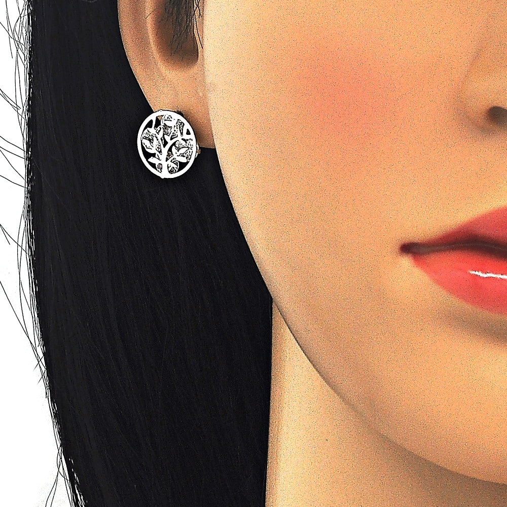 Rhodium Gold Filled Earring and Pendant Adult Set, Tree Design, with White Cubic Zirconia, Polished, Rhodium Finish