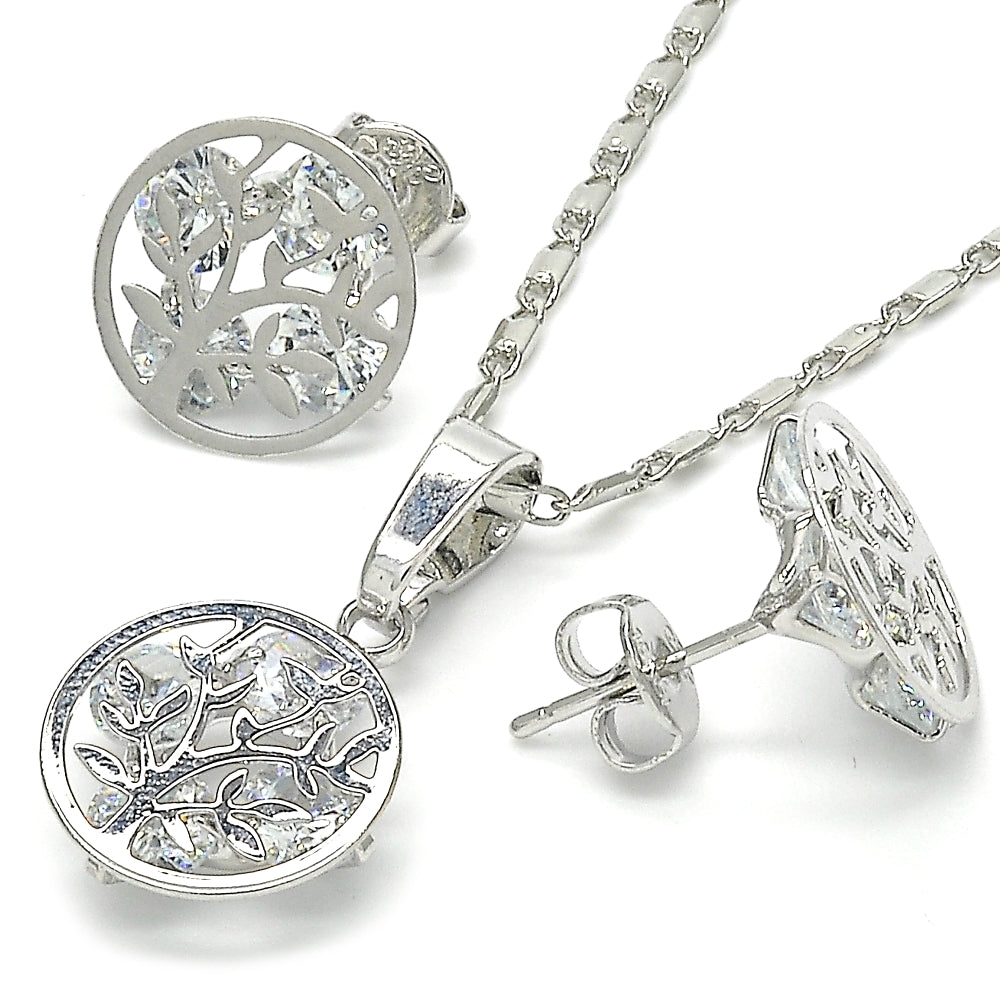 Rhodium Gold Filled Earring and Pendant Adult Set, Tree Design, with White Cubic Zirconia, Polished, Rhodium Finish