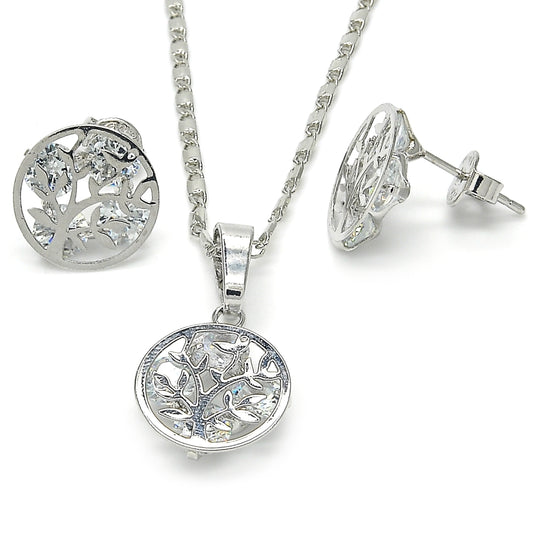 Rhodium Gold Filled Earring and Pendant Adult Set, Tree Design, with White Cubic Zirconia, Polished, Rhodium Finish