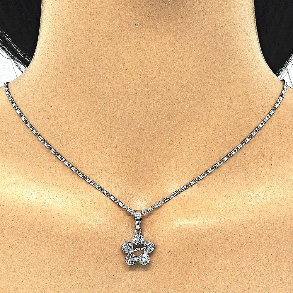 Rhodium Gold Filled Earring and Pendant Adult Set, Star and Love Design, with White Cubic Zirconia, Polished, Rhodium Finish