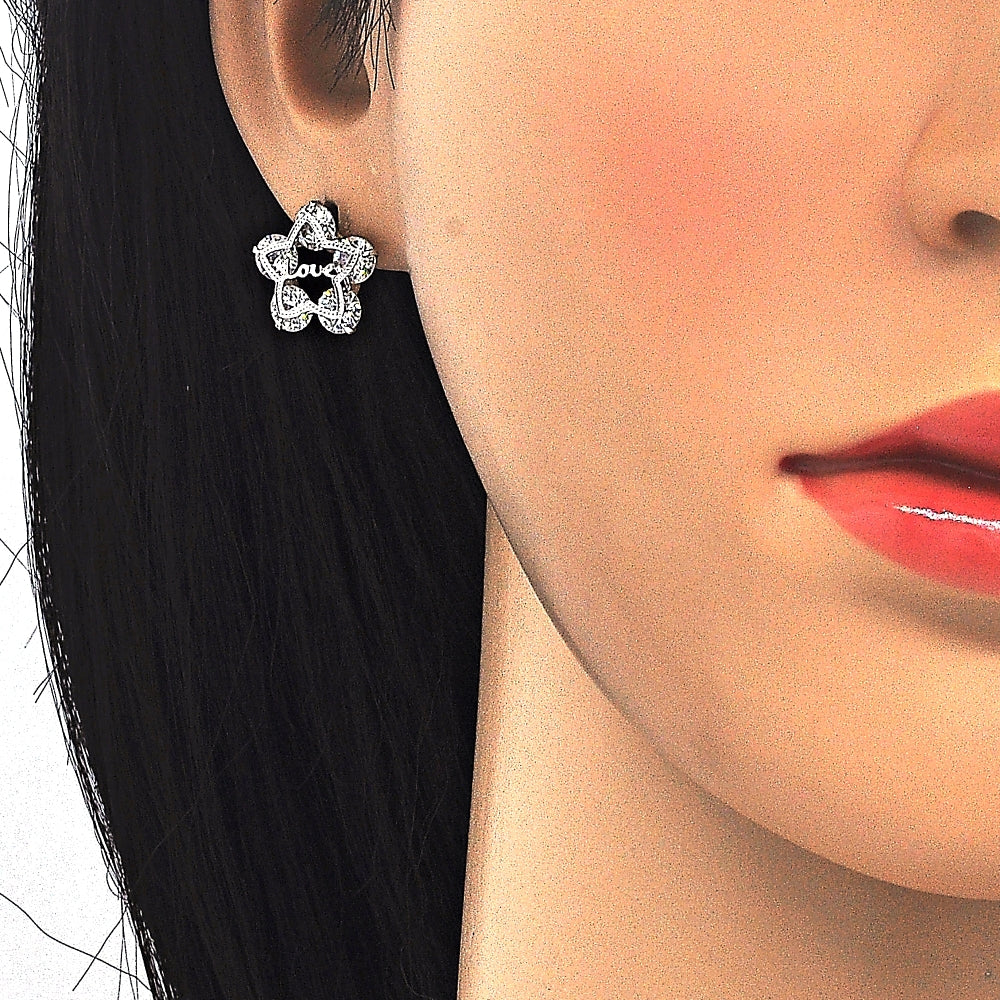 Rhodium Gold Filled Earring and Pendant Adult Set, Star and Love Design, with White Cubic Zirconia, Polished, Rhodium Finish
