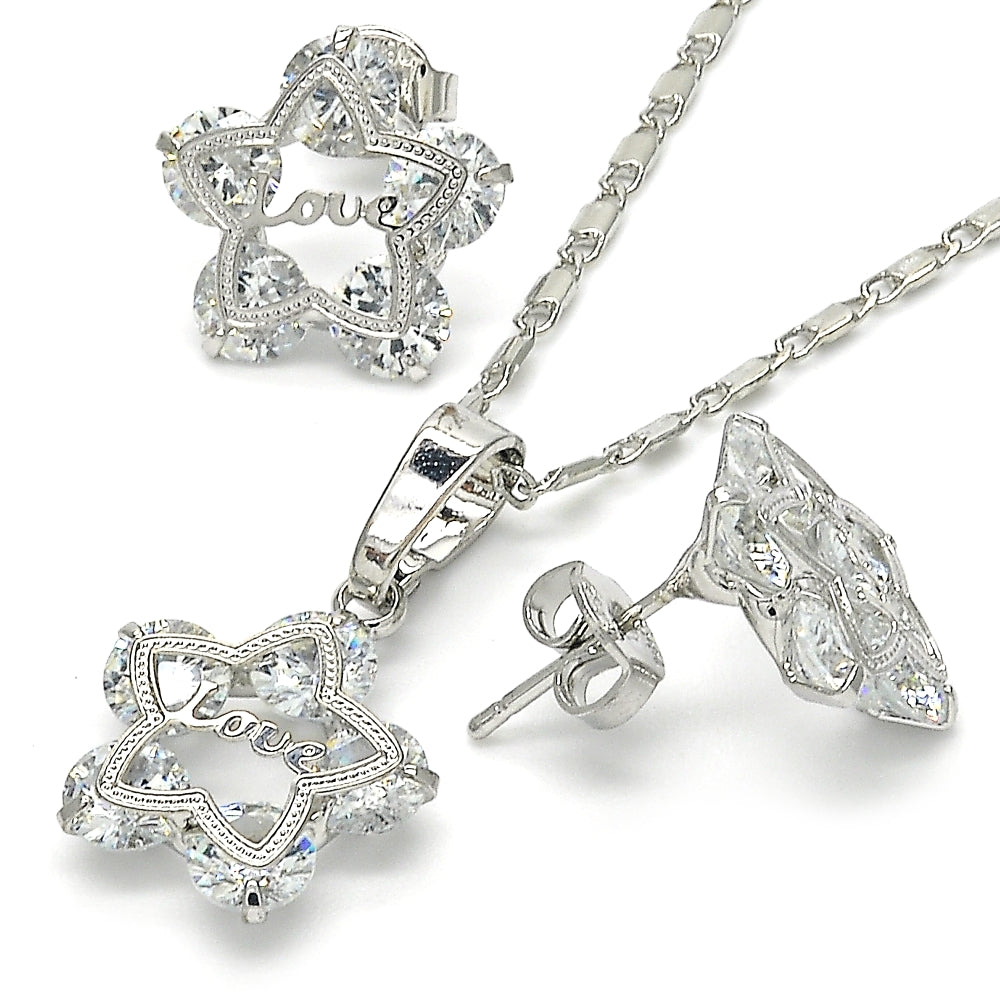 Rhodium Gold Filled Earring and Pendant Adult Set, Star and Love Design, with White Cubic Zirconia, Polished, Rhodium Finish