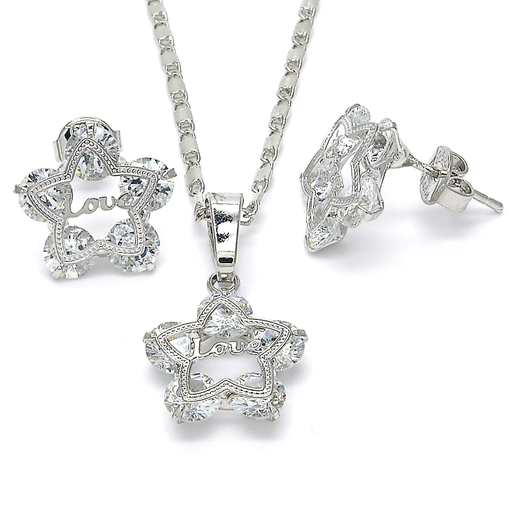 Rhodium Gold Filled Earring and Pendant Adult Set, Star and Love Design, with White Cubic Zirconia, Polished, Rhodium Finish