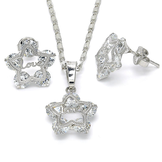 Rhodium Gold Filled Earring and Pendant Adult Set, Star and Love Design, with White Cubic Zirconia, Polished, Rhodium Finish