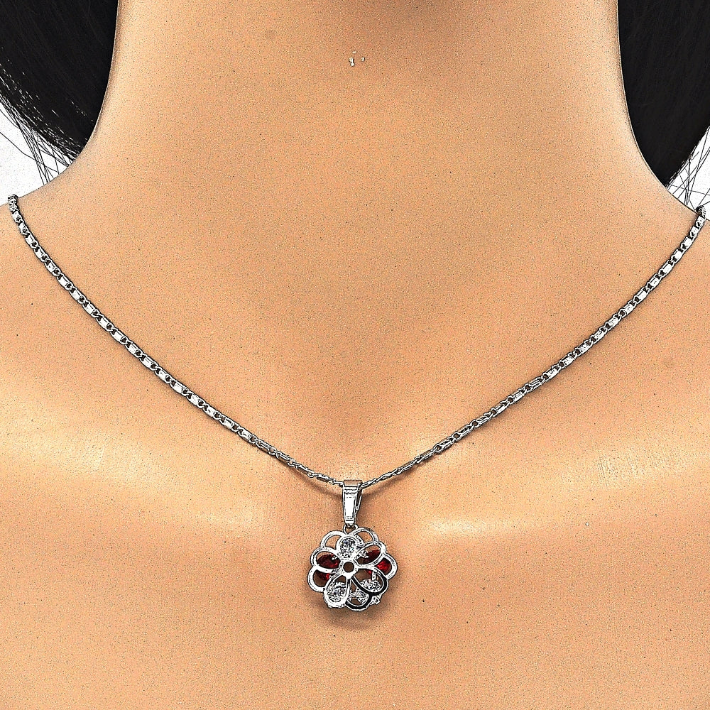 Rhodium Gold Filled Earring and Pendant Adult Set, Flower Design, with Garnet and White Cubic Zirconia, Polished, Rhodium Finish