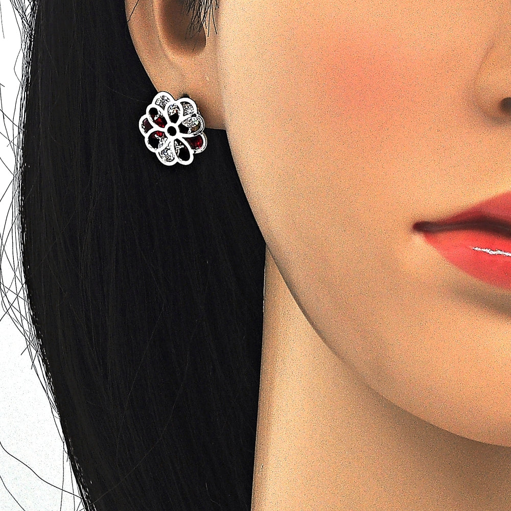 Rhodium Gold Filled Earring and Pendant Adult Set, Flower Design, with Garnet and White Cubic Zirconia, Polished, Rhodium Finish