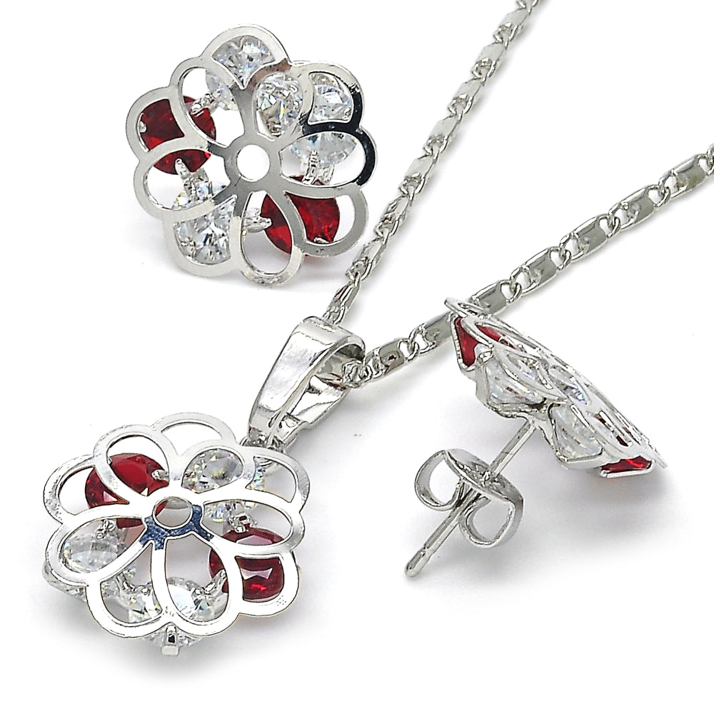 Rhodium Gold Filled Earring and Pendant Adult Set, Flower Design, with Garnet and White Cubic Zirconia, Polished, Rhodium Finish