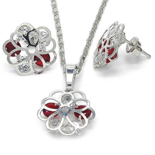Rhodium Gold Filled Earring and Pendant Adult Set, Flower Design, with Garnet and White Cubic Zirconia, Polished, Rhodium Finish