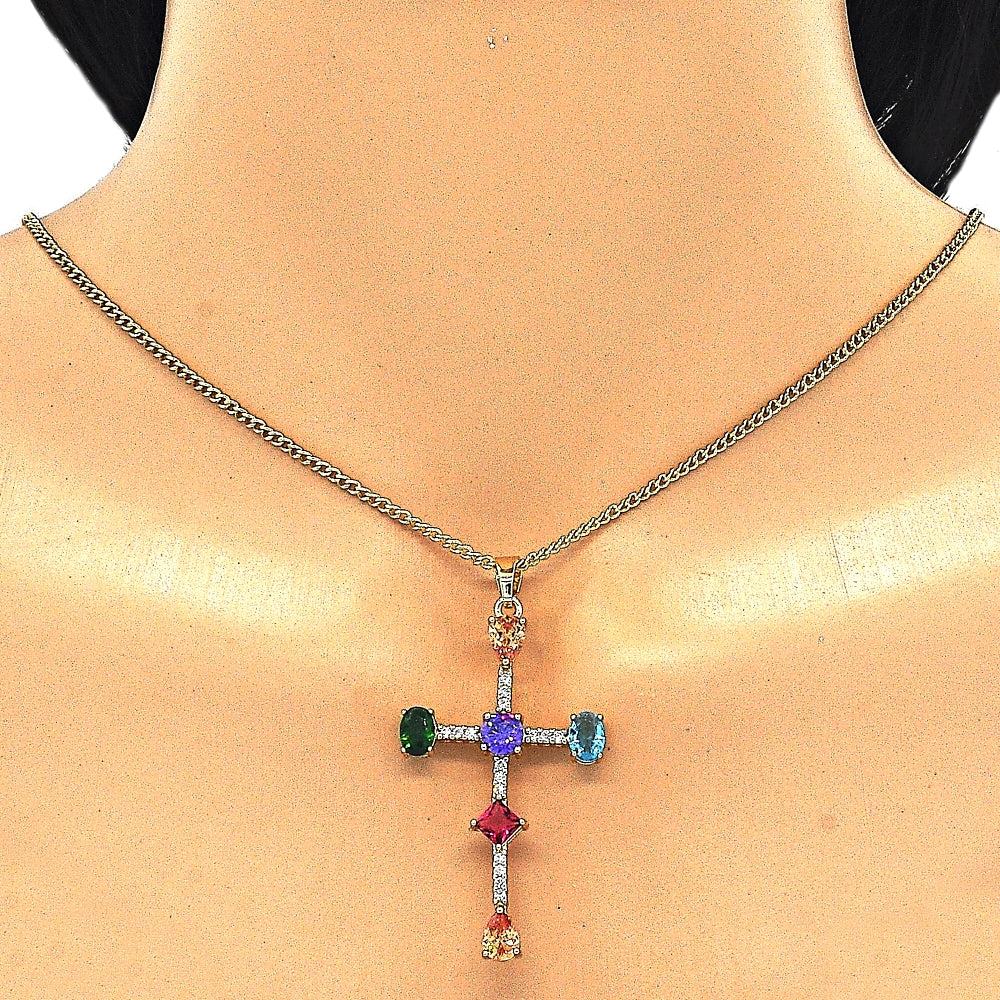 Oro Laminado Pendant Necklace, Gold Filled Style Cross and Teardrop Design, with Multicolor Cubic Zirconia, Polished, Golden Finish