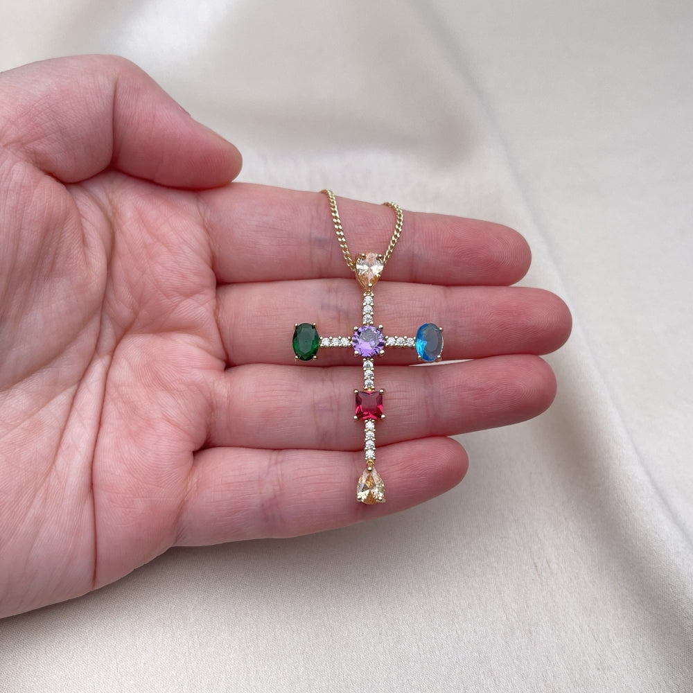 Oro Laminado Pendant Necklace, Gold Filled Style Cross and Teardrop Design, with Multicolor Cubic Zirconia, Polished, Golden Finish