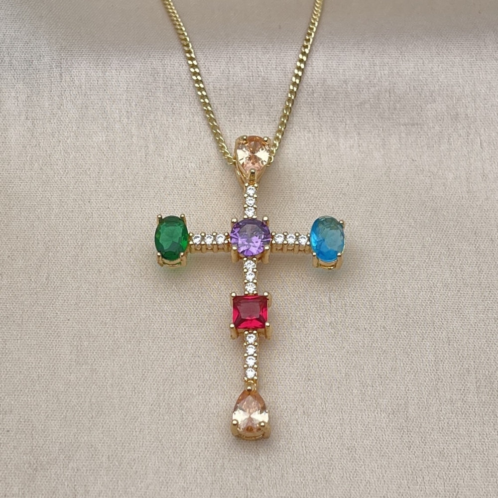 Oro Laminado Pendant Necklace, Gold Filled Style Cross and Teardrop Design, with Multicolor Cubic Zirconia, Polished, Golden Finish