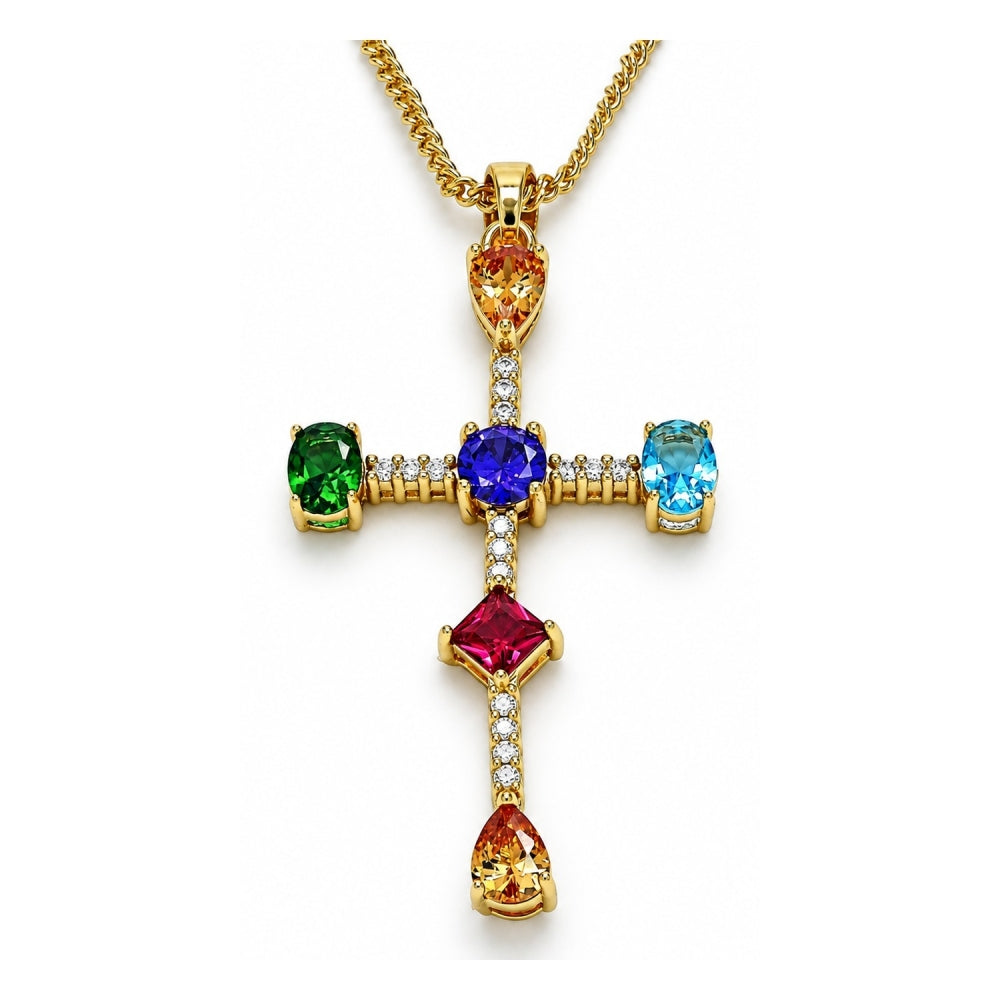 Oro Laminado Pendant Necklace, Gold Filled Style Cross and Teardrop Design, with Multicolor Cubic Zirconia, Polished, Golden Finish