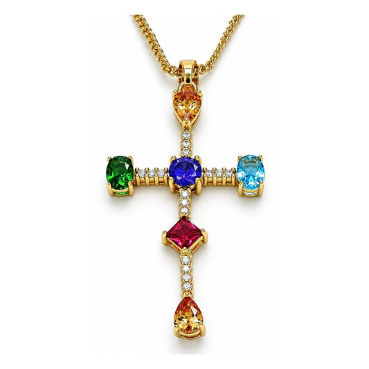 Oro Laminado Pendant Necklace, Gold Filled Style Cross and Teardrop Design, with Multicolor Cubic Zirconia, Polished, Golden Finish