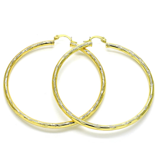 Oro Laminado Large Hoop, Gold Filled Style Hollow Design, Diamond Cutting Finish, Golden Finish