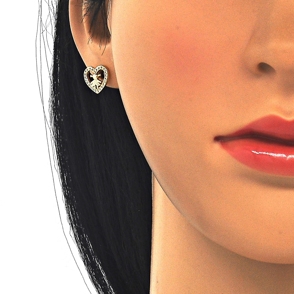 Oro Laminado Earring and Pendant Adult Set, Gold Filled Style Heart and Little Girl Design, with White Micro Pave, Polished, Golden Finish
