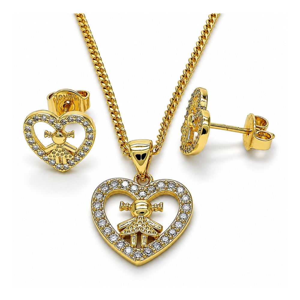 Oro Laminado Earring and Pendant Adult Set, Gold Filled Style Heart and Little Girl Design, with White Micro Pave, Polished, Golden Finish