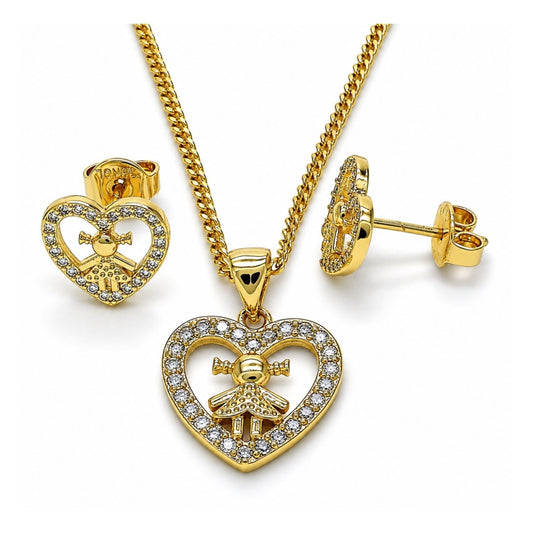Oro Laminado Earring and Pendant Adult Set, Gold Filled Style Heart and Little Girl Design, with White Micro Pave, Polished, Golden Finish