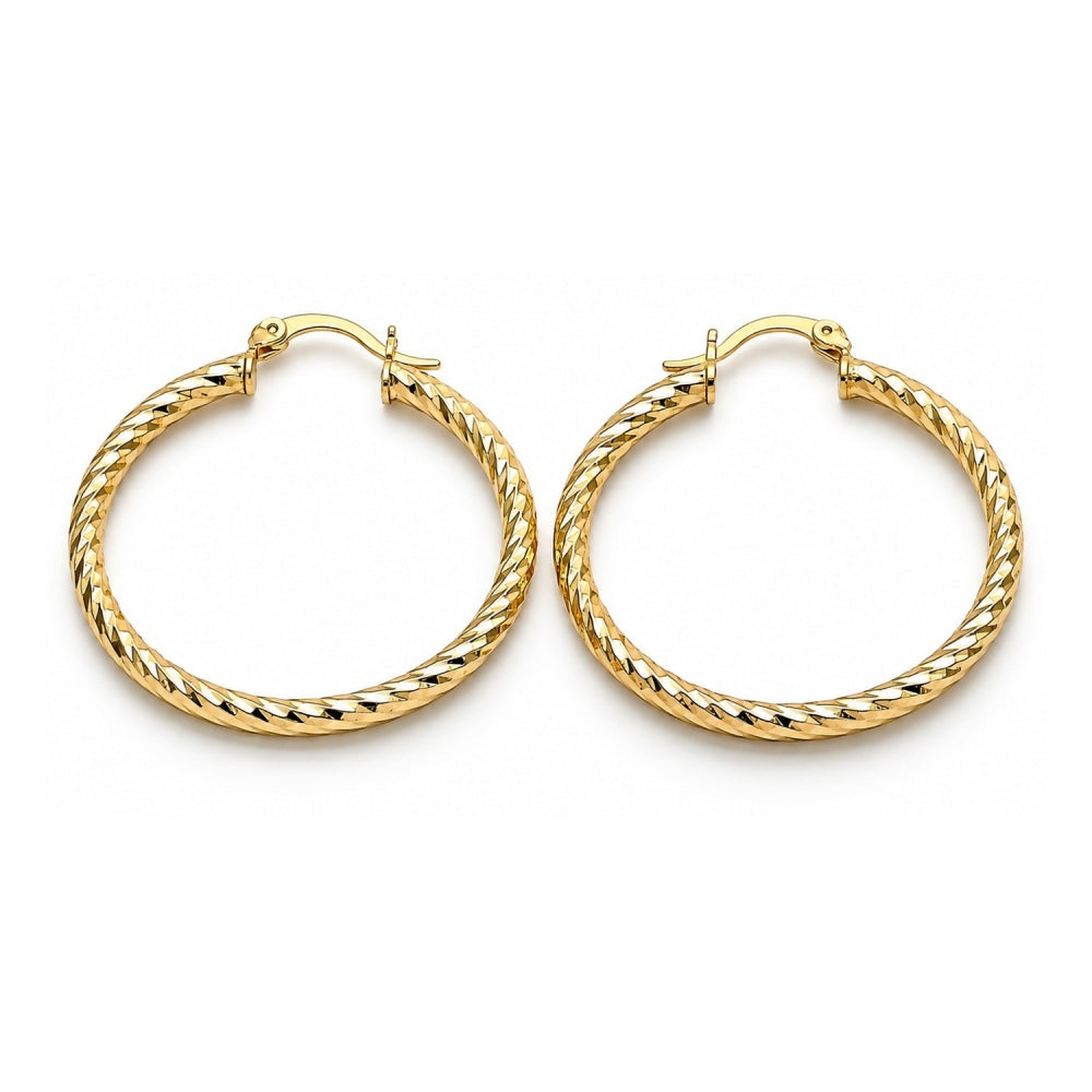 Oro Laminado Medium Hoop, Gold Filled Style Hollow Design, Diamond Cutting Finish, Golden Finish