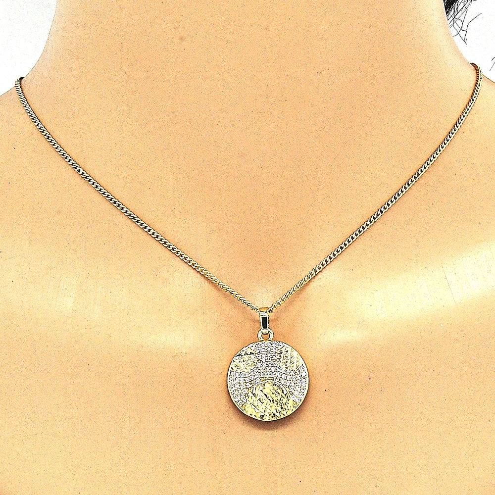 Oro Laminado Earring and Pendant Adult Set, Gold Filled Style with White Cubic Zirconia, Polished, Golden Finish