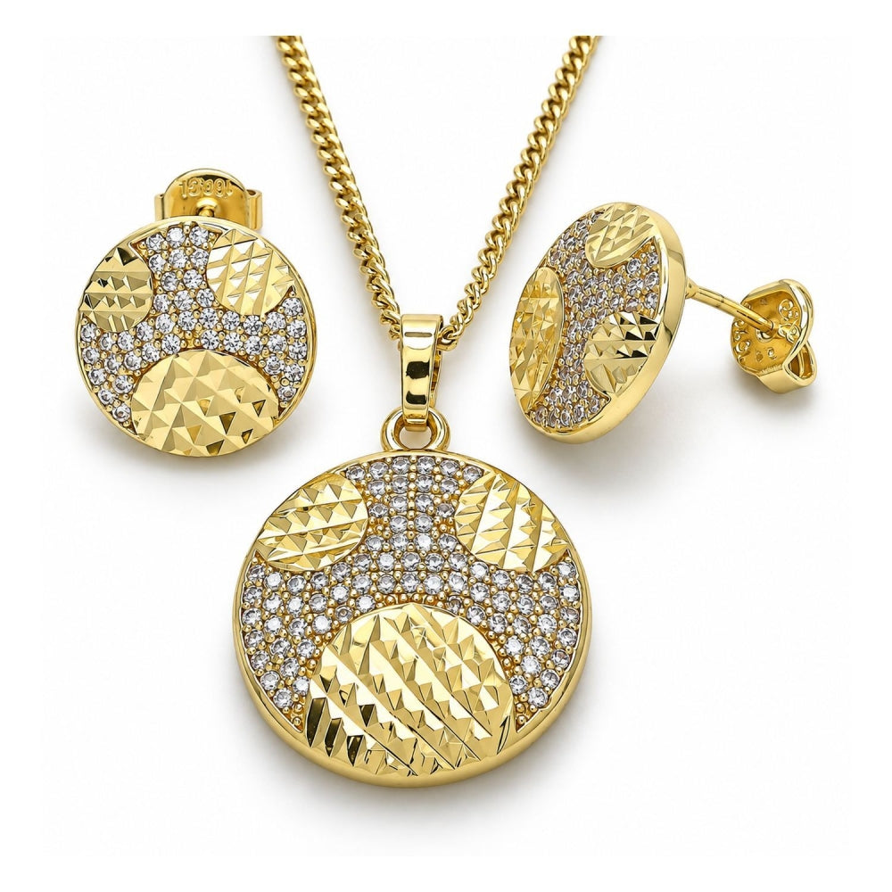 Oro Laminado Earring and Pendant Adult Set, Gold Filled Style with White Cubic Zirconia, Polished, Golden Finish
